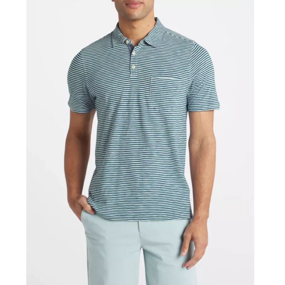 The Normal Brand Men's Size Medium Teal Striped Vintage Slub Pocket Polo Shirt